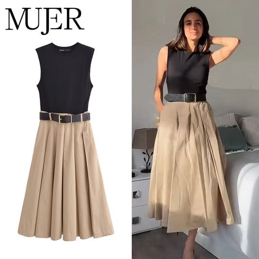 MUJER 2025 Woman Dresses Belt Pleated Midi Dress Women Sleeveless Summer Dress W