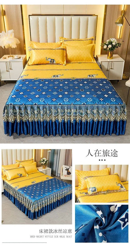 Kit 3 Peças de Lençol de Casal com Renda Clássica Azul Royal, Saia para Cama, Colcha de Casamento Lavável à Máquina, Capa de Colchão