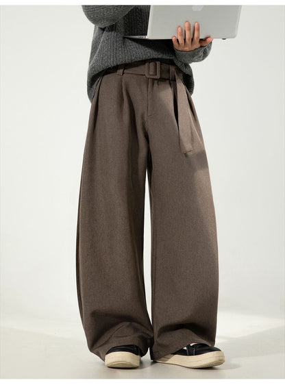 Men's Pleated Drape Curved-Leg Trousers Loose-Fit Straight-Leg Pants Retro-Style Belted Casual Pants