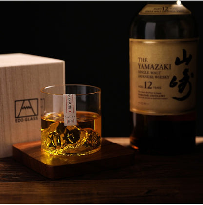 Conjunto de Copos de Uísque de Montanha Glacial 3D Japonesa - Copos Baixos & para Pedras com Caixa de Presente de Madeira para Uísque, Vodka, Vinho