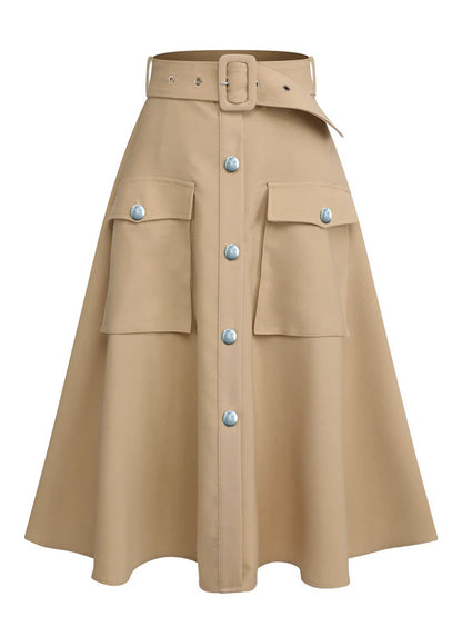 Plus Size Utility Cargo Midi Skirt Women's High Waist Belted A-Line Work Skirt with Pockets Free Shipping