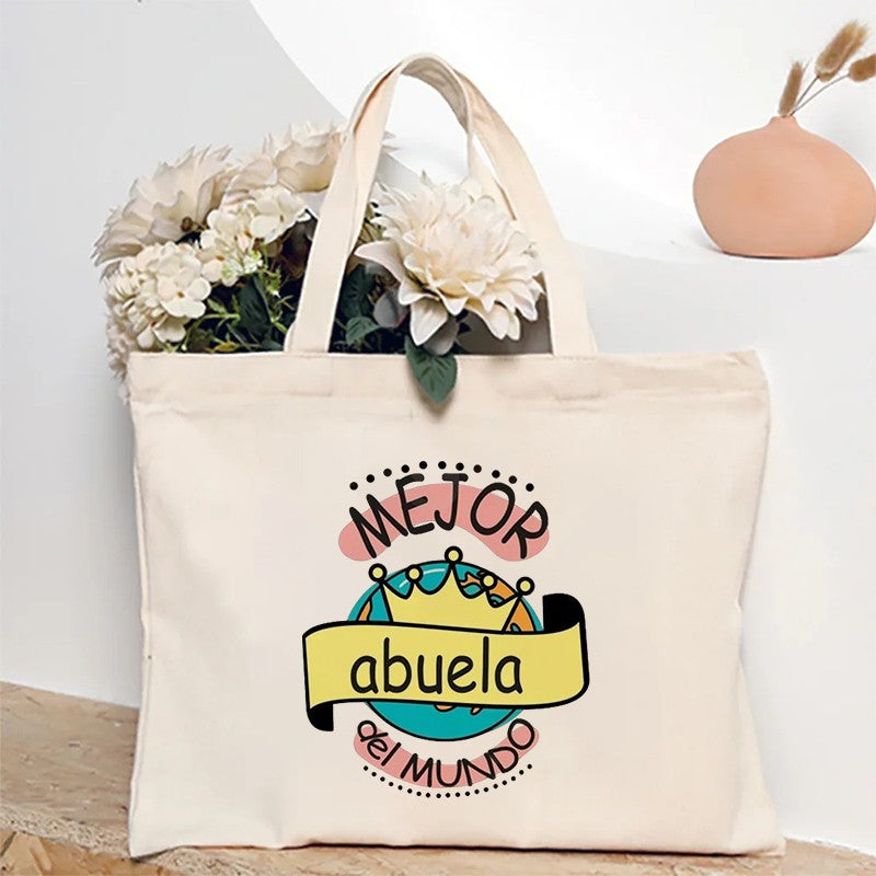 Spanish Abuela Quote Tote Bag Vibrant Shoulder Handbag with Heart Ribbon Design Perfect for Mother’s Day & Grandma Appreciation
