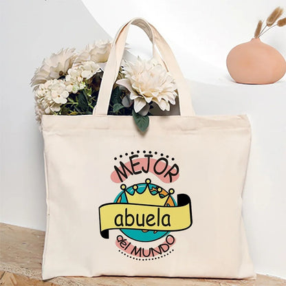 Spanish Abuela Quote Tote Bag Vibrant Shoulder Handbag with Heart Ribbon Design Perfect for Mother’s Day & Grandma Appreciation
