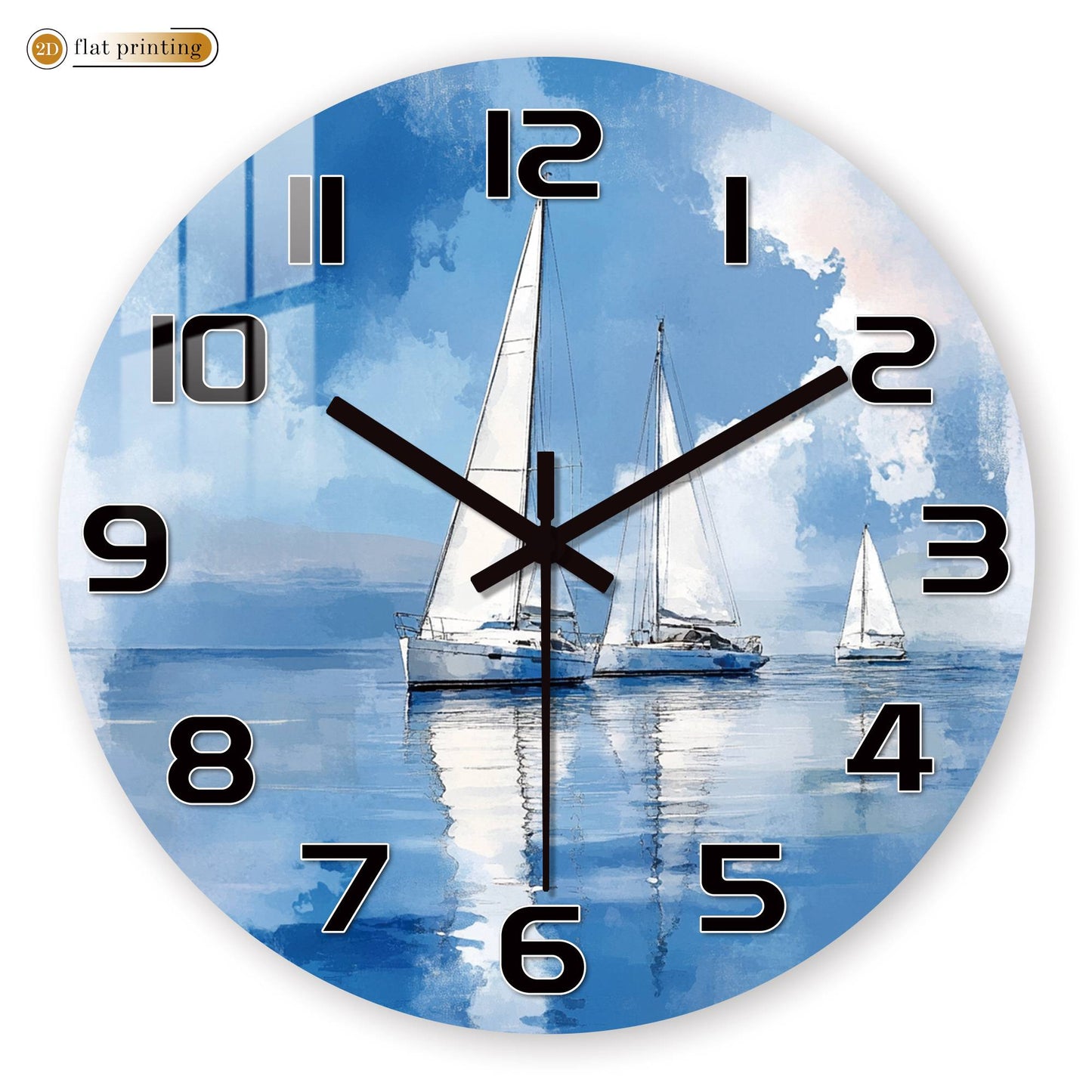 Sailboat Ocean Watercolor Wall Clock, Nautical Coastal Home Office Decor, Silent Quartz Movement Timekeeping Art