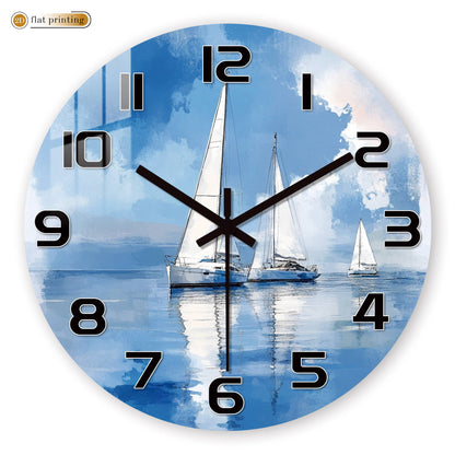 Sailboat Ocean Watercolor Wall Clock, Nautical Coastal Home Office Decor, Silent Quartz Movement Timekeeping Art