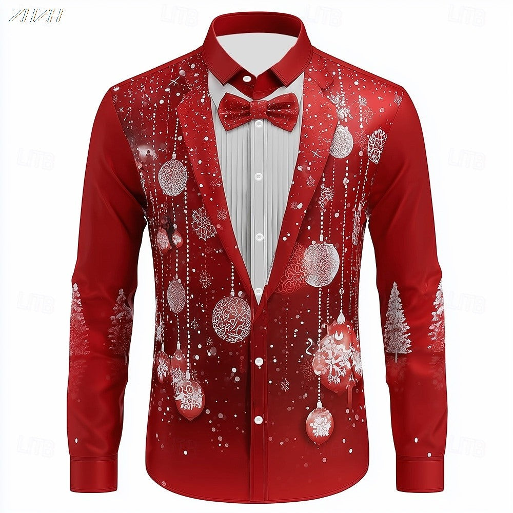 2025 Men's Christmas Snowflake Formal Shirt, 3D Printed Tie Design,Elegant Tuxedo Style,Holiday Party Wedding Attire,Spring Wear