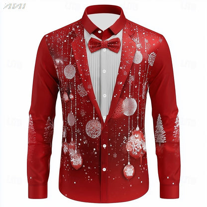 Men's Christmas Snowflake Tuxedo Shirt, 3D Printed Tie Design, Funny Costume Attire,Holiday Party Wear, Spring Fall Formal Style