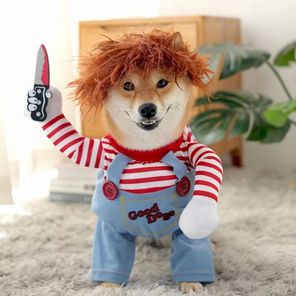 Novidade da Moda Chucky Cão de Estimação Mortal Traje Adereços Assustadores Acessórios de Roupa Fantasias de Gato Engraçadas Vestido Moletom com Capuz