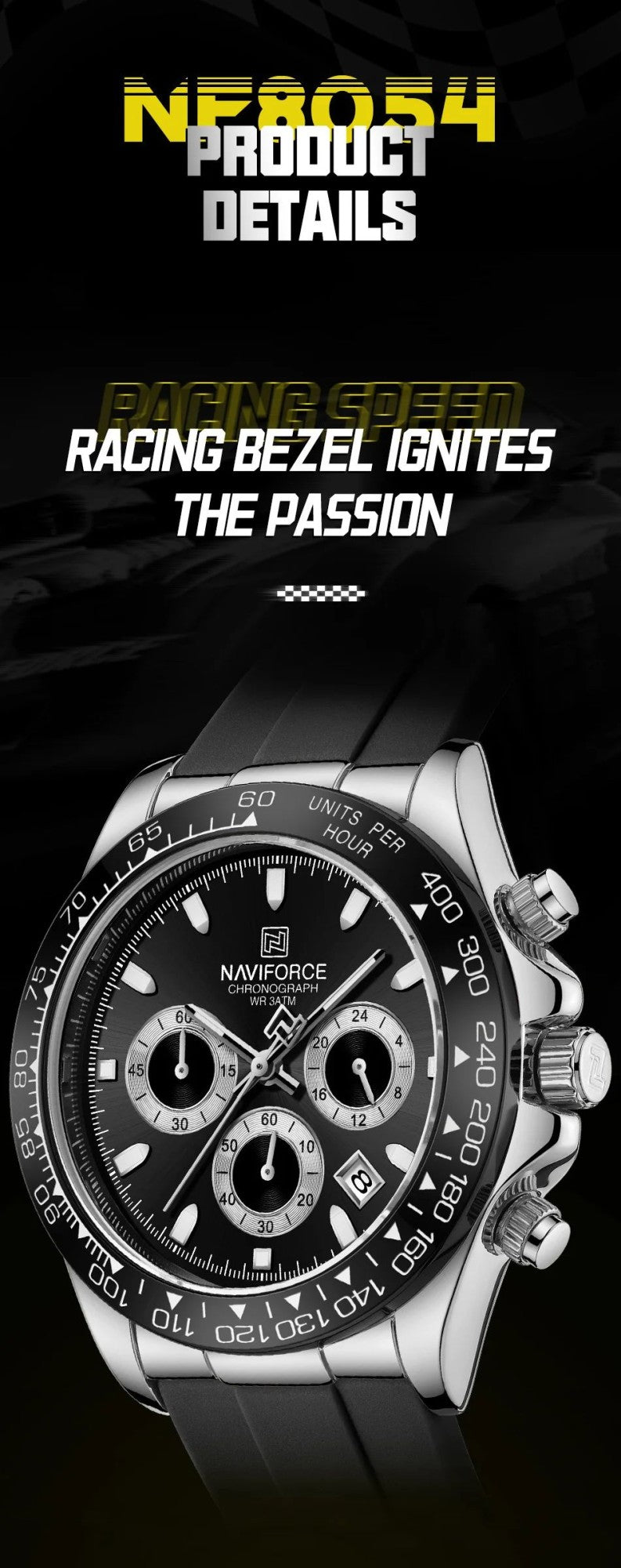NAVIFORCE Brand NF8054 Men's Business Watches Luxury Classic Quartz Wristwatch Chronograph Silicone Band Waterproof