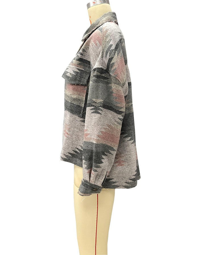 Vintage Jacket Women Splicing Loose Jacket Denim Print Aztec Retro Ethnic Style Long Sleeved Shirt Streetwear Female Goth Coat