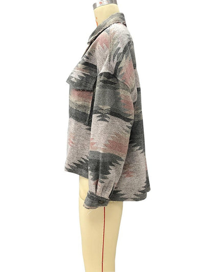 Vintage Jacket Women Splicing Loose Jacket Denim Print Aztec Retro Ethnic Style Long Sleeved Shirt Streetwear Female Goth Coat