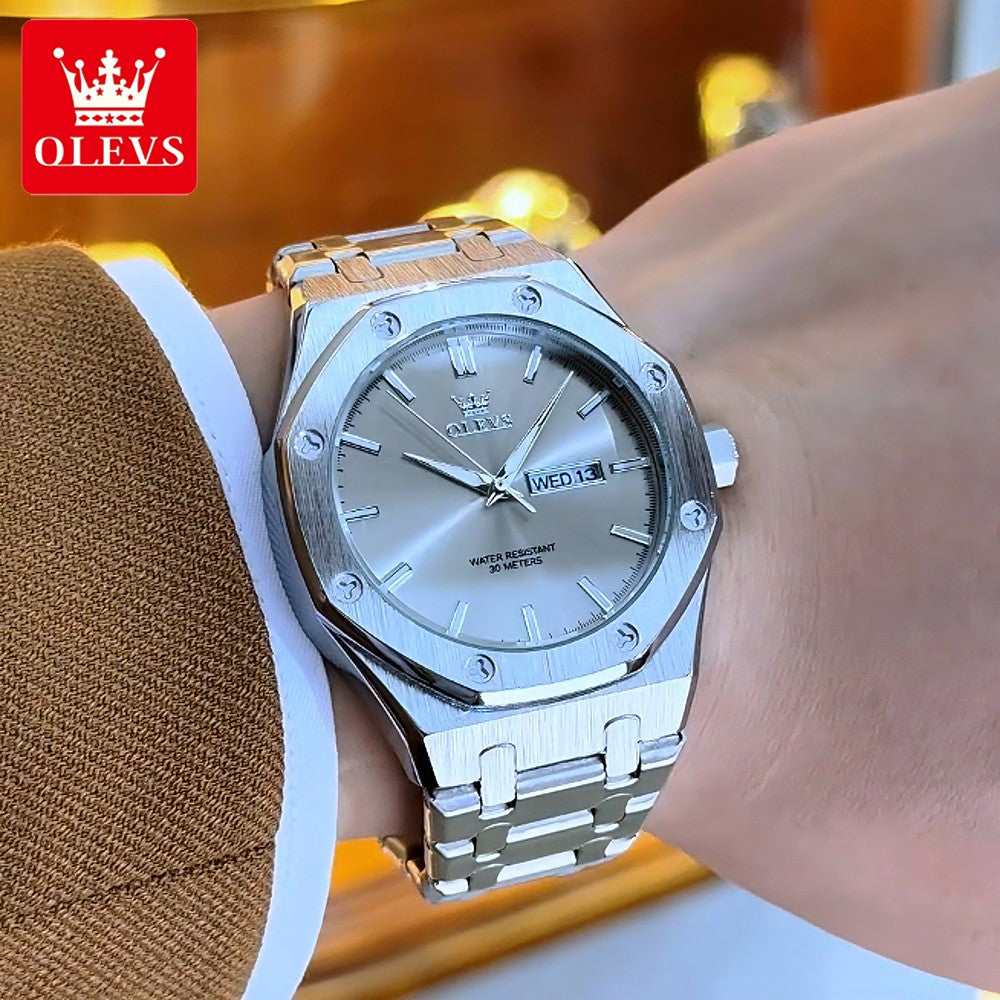 OLEVS Men's Watches Luxury Fashion Fine Steel Original Quartz Wristwatch for Man Waterproof Luminous Date Week Trend Dress 3726