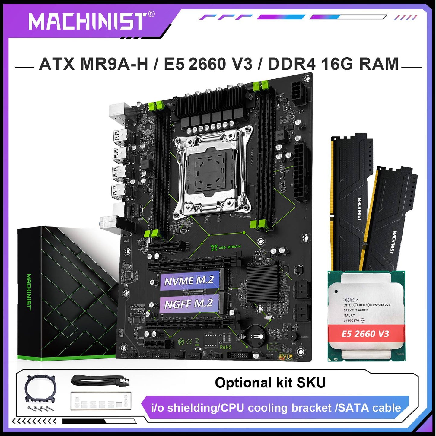 Placa-mãe MACHINIST X99 combo opcional Xeon E5 2660 V3 LGA 2011-3 CPU e Kit de Memória RAM DDR4 16GB Dual-channel NVME M.2 MR9A-H