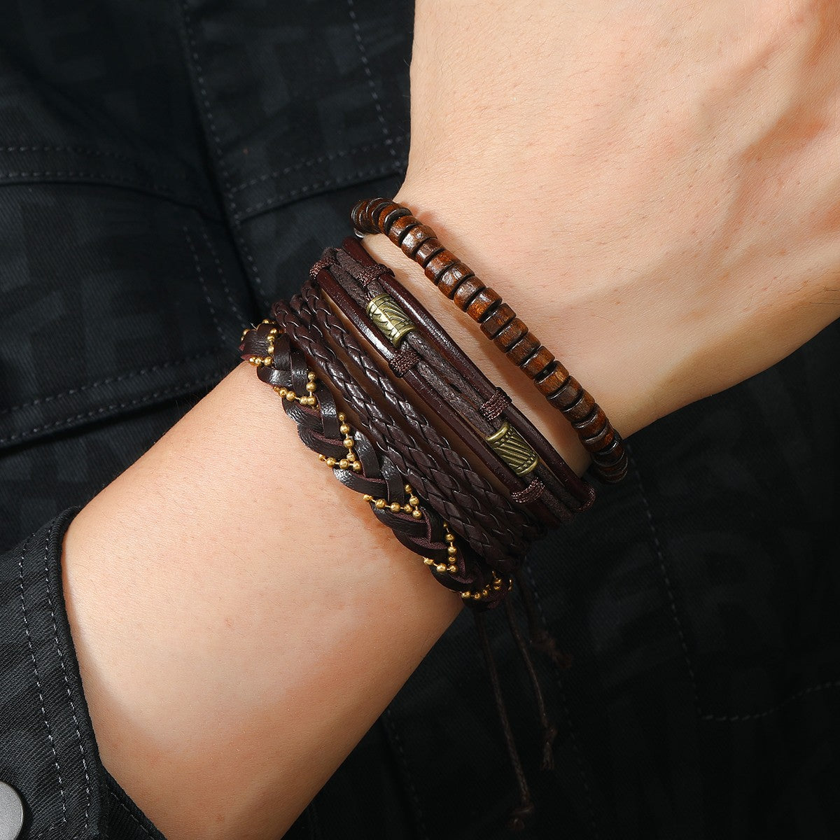 Conjunto de 4 Pulseiras Masculinas Trançadas de Couro com Fecho, Vintage Árvore da Vida Leme, Miçangas de Madeira, Étnicas Tribais, Bracelete de Corda