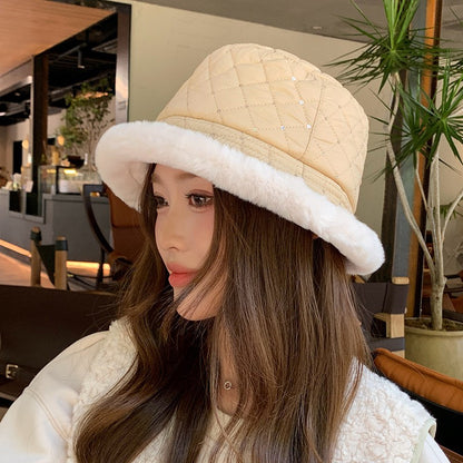 Chapéu de balde coreano feminino celebridade da Internet, marca moderna, quente e espesso, chapéu de bacia, moda versátil, imitação de vison, chapéu de balde de penas.