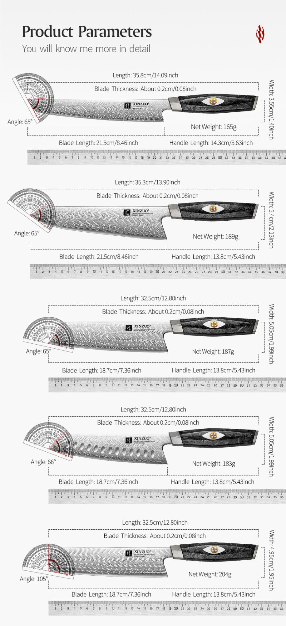 XINZUO Conjunto de Facas de Aço Damasco 2-7 Peças com 145 Camadas de Aço M390 Cabo de Fibra de Carbono Preta Resistente à Ferrugem Caixa de Presente