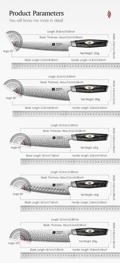 XINZUO Conjunto de Facas de Aço Damasco 2-7 Peças com 145 Camadas de Aço M390 Cabo de Fibra de Carbono Preta Resistente à Ferrugem Caixa de Presente