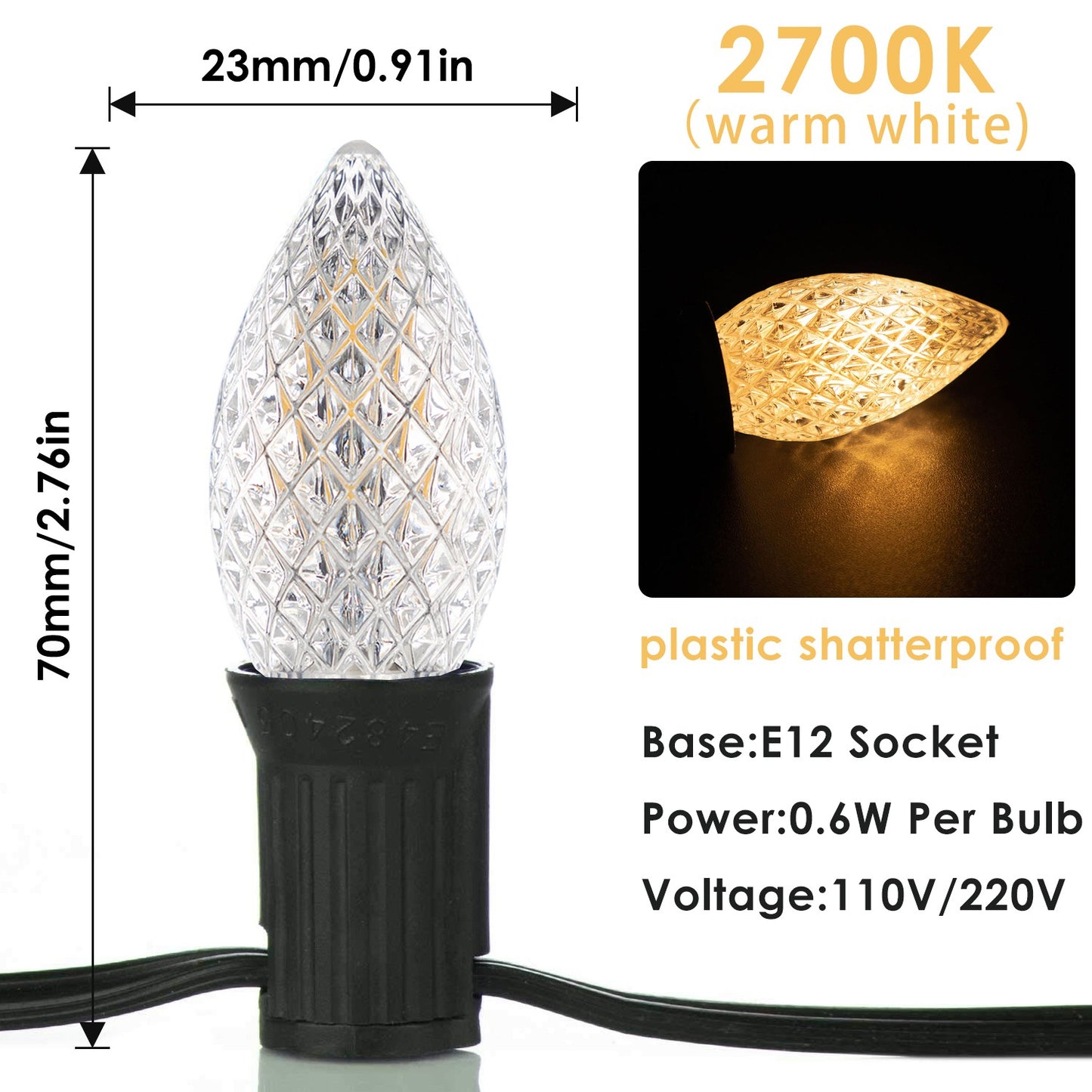 50FT C7 Shatterproof String Lights RGB Dimmable Faceted Strawberry Led Bulbs Connectable Outdoor Fairy Light Party Holiday Decor