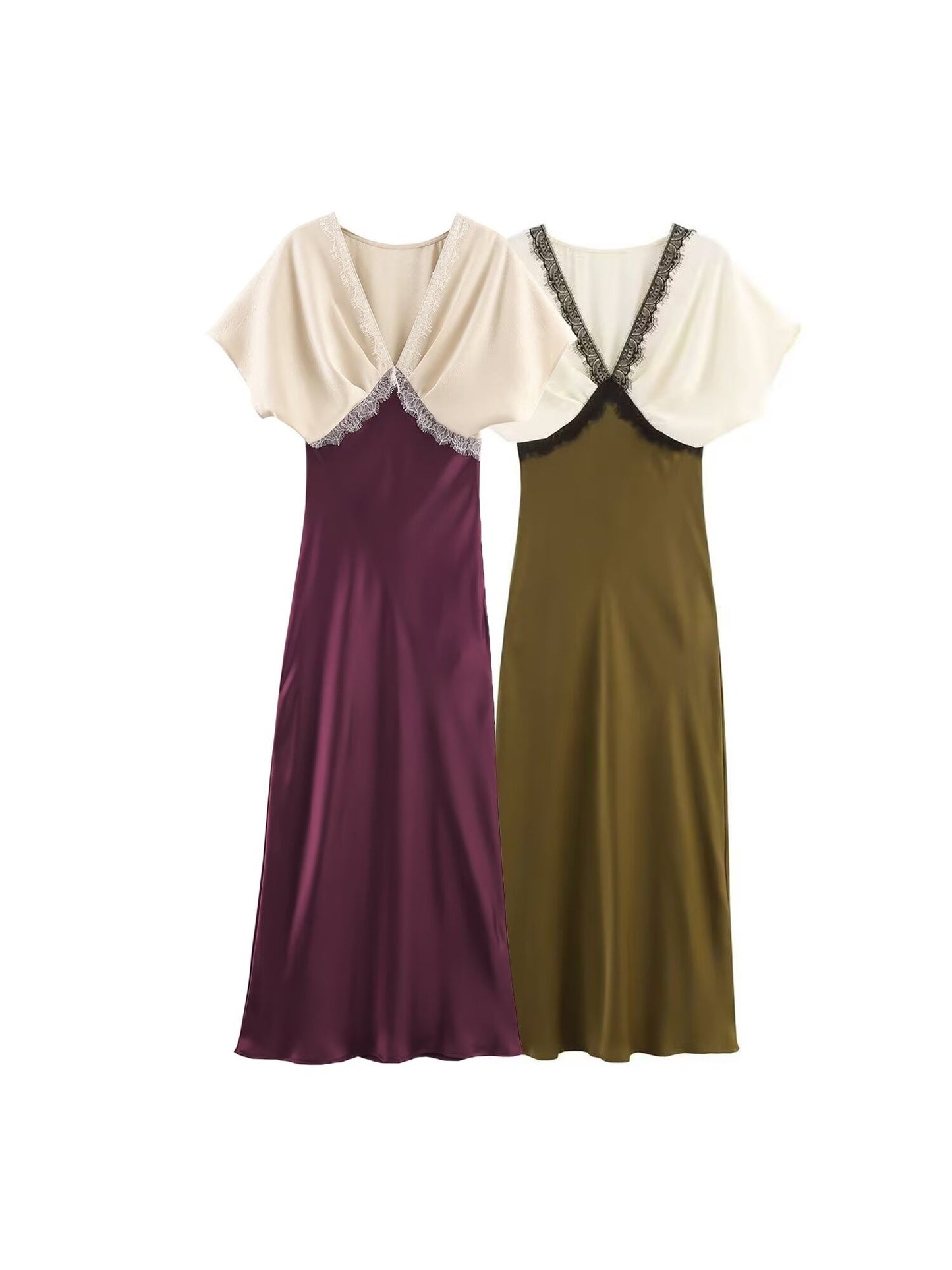 BSAY lace splice Satin dress 2025 autumn new side zip chic female French elegant long dress sexy V-neck banquet evening mujer