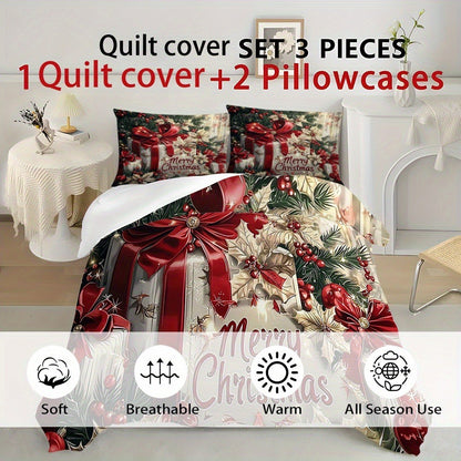 Conjunto de Cama de Natal Laço Vermelho Flores Estampadas Capa de Edredom Aconchegante Tamanho King Queen Solteiro Presente de Ano Novo Natal Decoração de Quarto