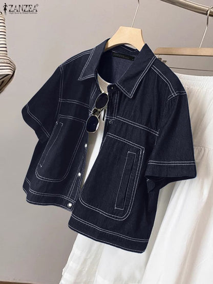 ZANZEA Women's Denim-Like Contrast-Stitch Shirts 2025 Fashion Turn-Down Collar Short Sleeve Button Up Shirt Streetwear Woman Top