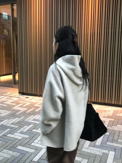 Korean Sle Woolen Coat Women's Chic Temperament Sweet Bow Tie Collar Hooded Warm Woolen Coat Long Sve Mid-Length