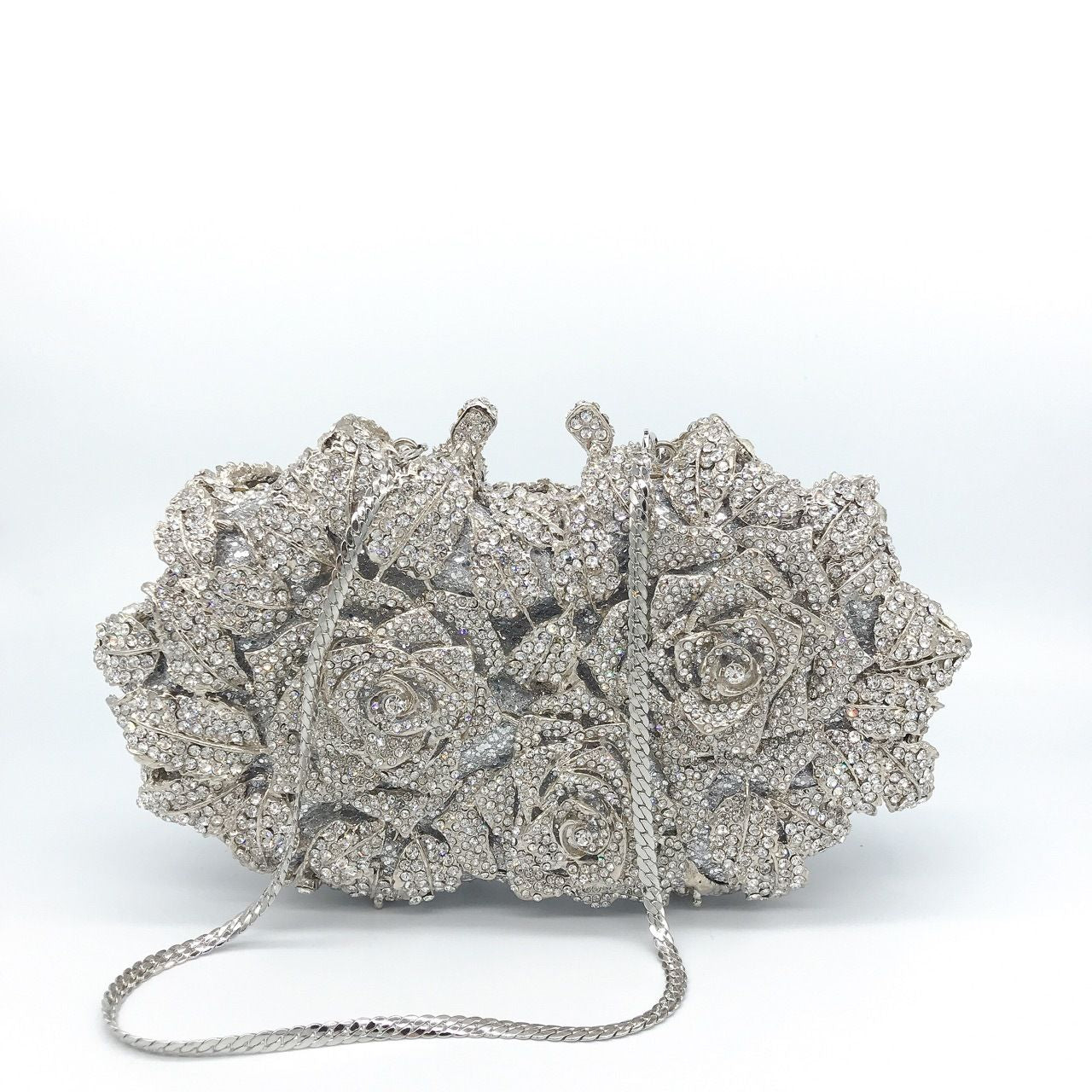 Golden Silver Luxury Crystals Evening Bags Fashion Rose Flower Diamonds Clutch Bags Soiree Purse Women Wedding Bride Handbags