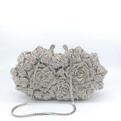 Golden Silver Luxury Crystals Evening Bags Fashion Rose Flower Diamonds Clutch Bags Soiree Purse Women Wedding Bride Handbags