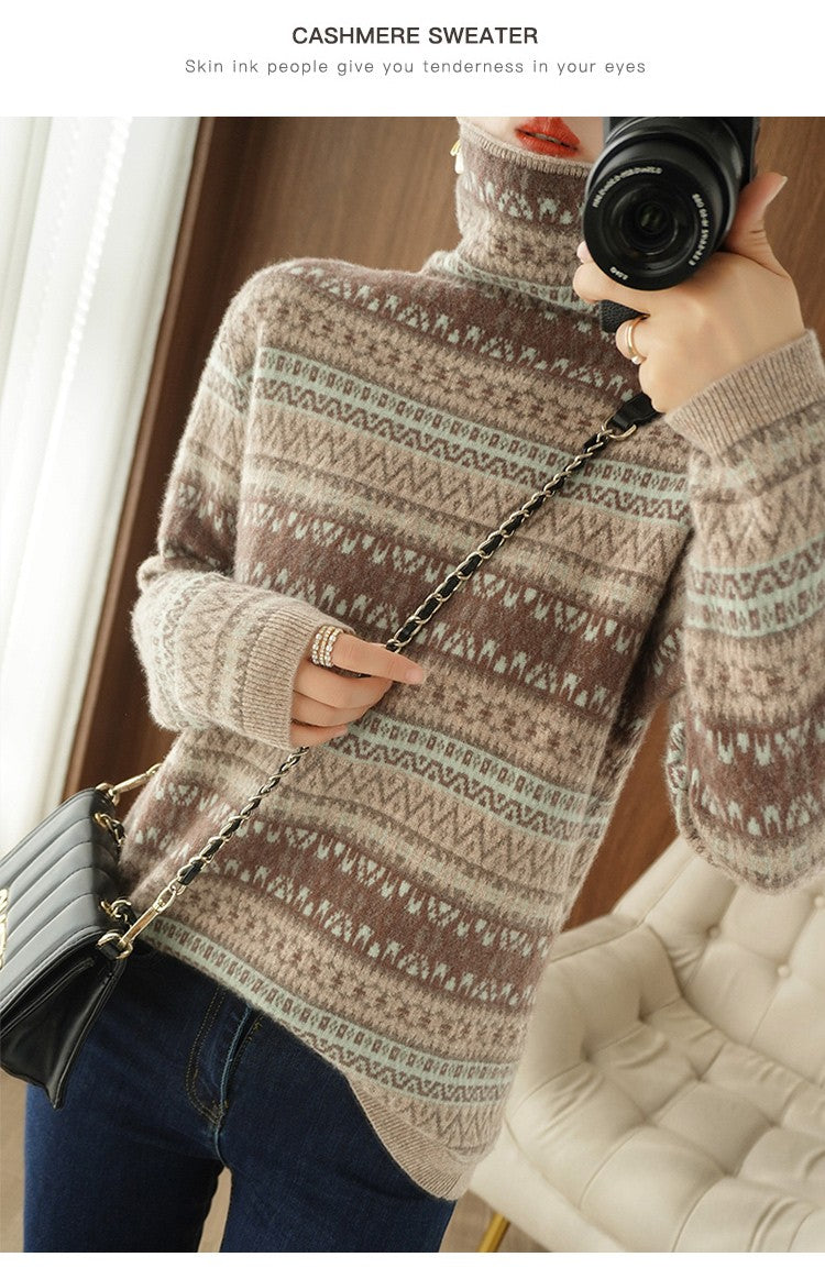 Autumn and Winter New 100% Wool Cashmere Sweater Women's High Neck Pullover Casual Knitted Loose Korean Fashion Color Block Top