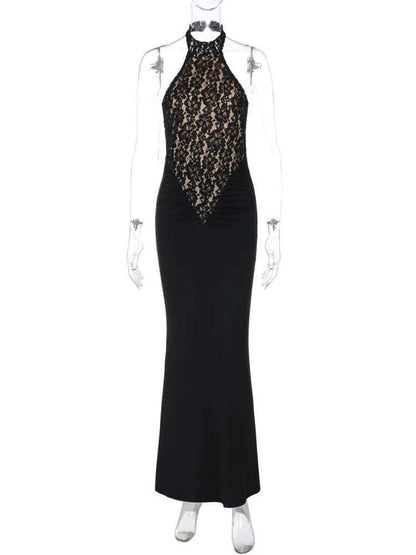 Mozision Lace Halter Backless Sexy Maxi Dress For Women Black Off-shoulder Strapless Sleeveless Bodycon Club Party Long Dress