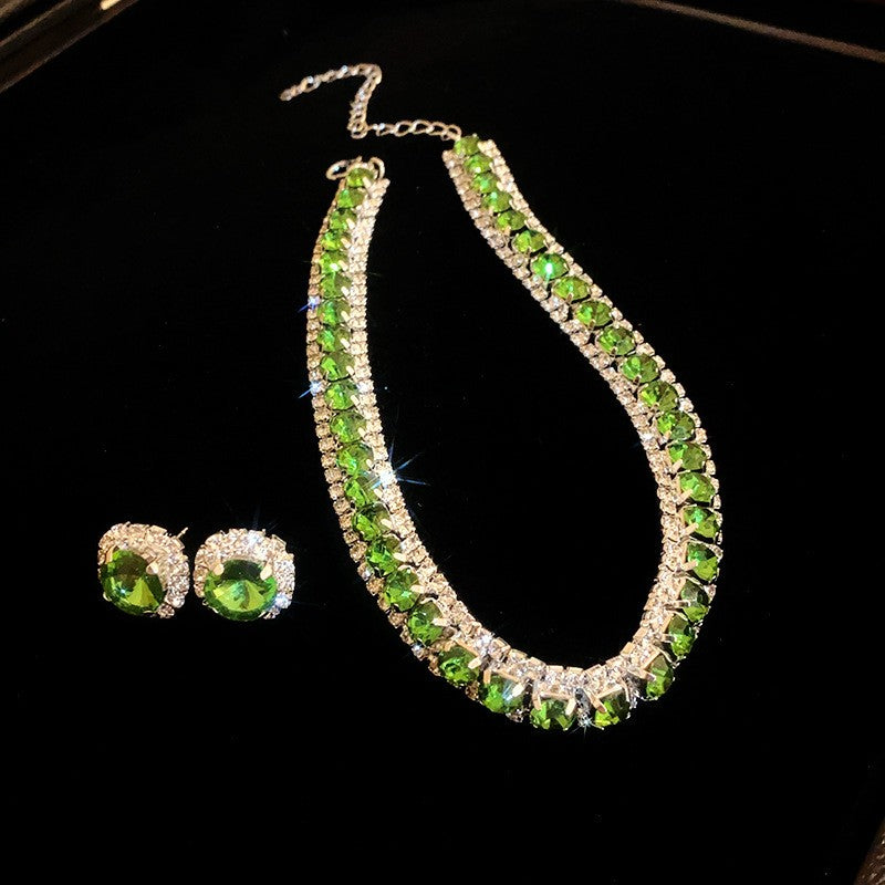 Conjunto de Joias Femininas com Colar de Luxo Verde Strass Brincos de Cristal Gargantilha Colares para Casamentos e Banquetes