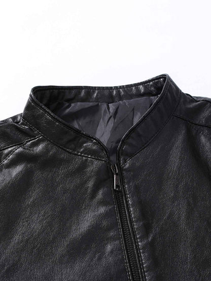 2024 Spring New Men's Business Casual Slim Long-sleeved Pu Leather Jacket Jacket Side Seam Pocket Zipper Solid Color