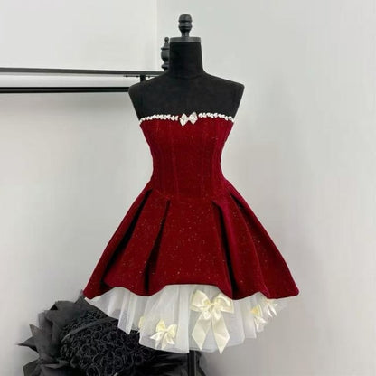 Christmas Red Strapless Sexy Party Dresses Elegant Winter New Year Elegant Bubble Velvet Mini Dress Sweet Princess Clothing 2025