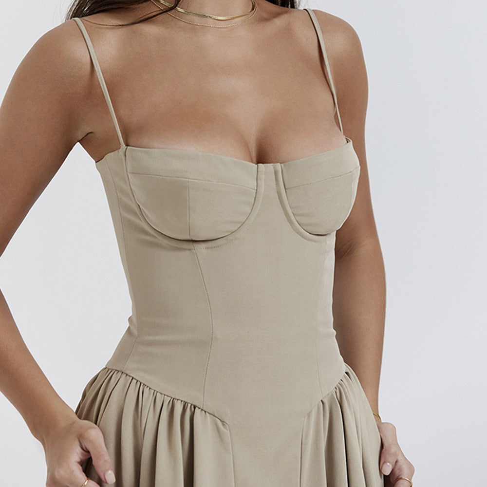 Summer Women Elegant Sleeveless Backless Pleated Dresses Lady Sexy Solid Sling M