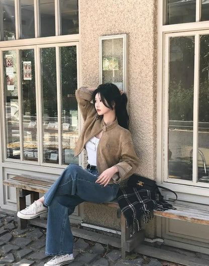 Retro American Coffee Brown Copper Zipper Button Short Jacket 2025 Autumn Trendy PU Leather Jacket Versatile for Dynamic Women