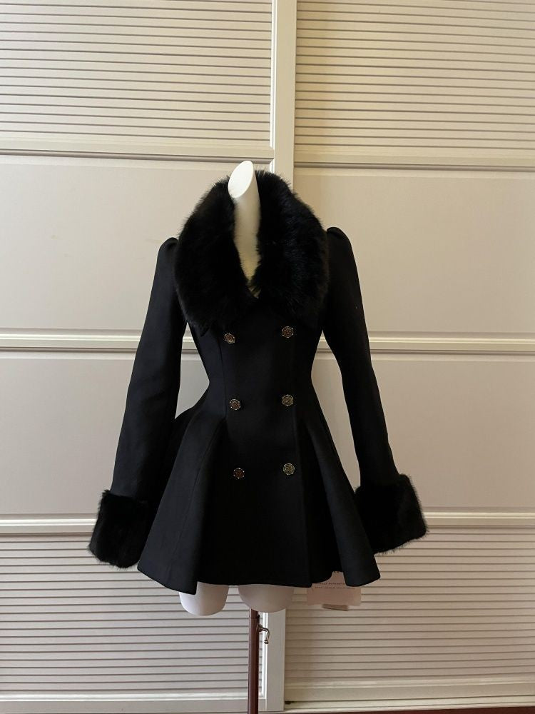 Winter Hepburn Black Fur Collar Woolen Coat French Style Vintage Blends Slim Mid-length Outwear Elegant Lolita Warm Outfits 2025