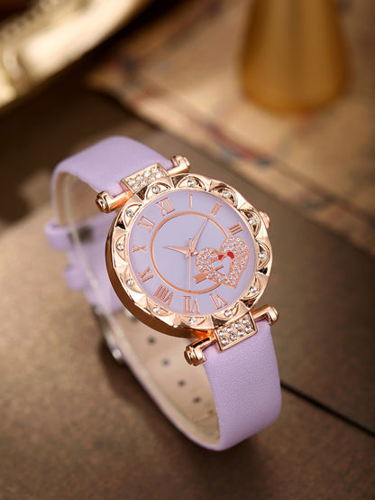 5PCS Wo5PCS Women's Love Set Diamond Dial Fashion men's Love Set Diamond Dial Fashion Versatile Alloy Case Pointer Leather Watch