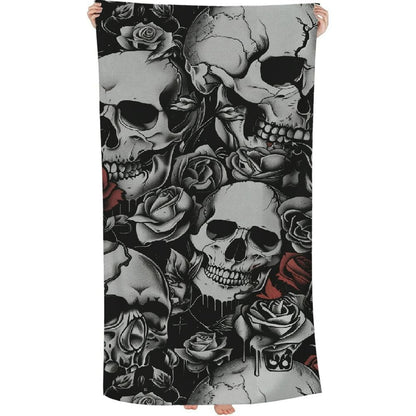 Gothic Skulls and Roses Bath Towel - Soft Absorbent, Perfect for Adults | Intricate Black and White Skeleton with Rose Design