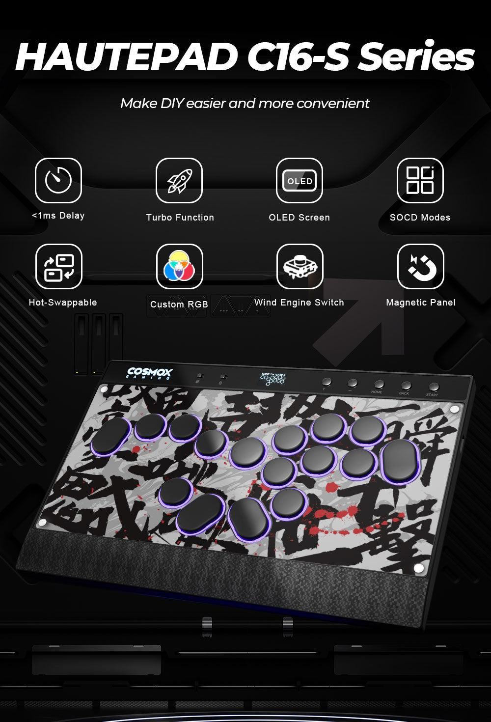 Haute42 Magnetic C16-S Joystick Hitbox Leverless Controller Stickless Arcade Stick Keyboard For PC/PS4/PS5/Switch Fight Sticks
