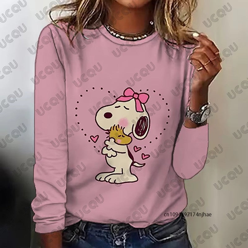 Autumn Winter New Cartoon Snoopy Print Women's Long Sleeve T-shirt Fashion O-neck Tees Casual Sweatshirt Oversize Female Clothes