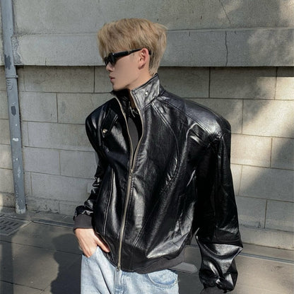 Stand Up Collar Design PU Leather Jacket Men's Retro Shoulder Pad Motorcycle Short Jacket Top