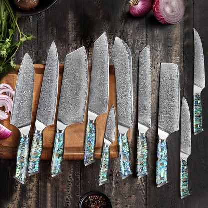 Faca de Cozinha TURWHO Japonesa de Aço Damasco de 67 Camadas com Cabo de Abalone Afiada Faca Santoku para Pão Bife Faca de Chef Ferramentas de Corte para Cozinha