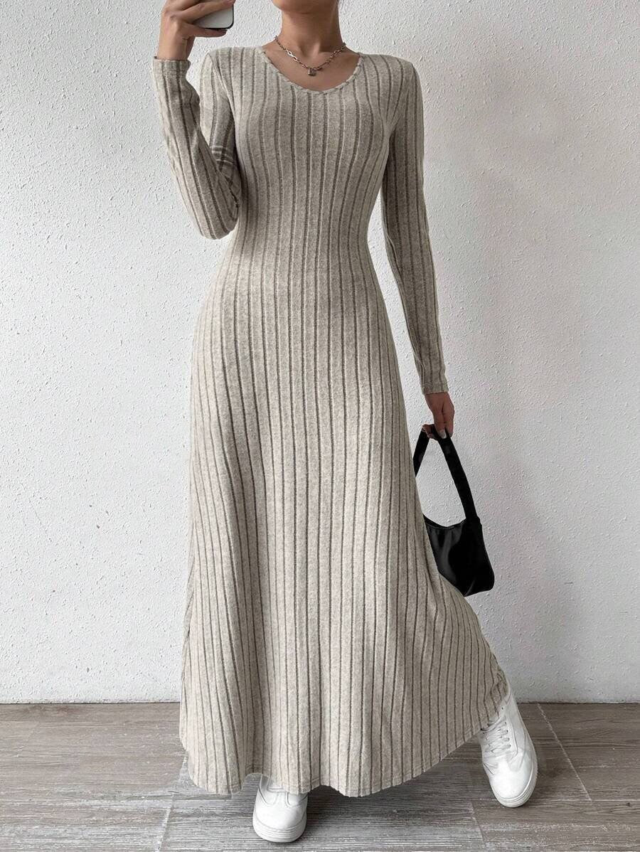 2025 Fashionable Knitted Long Sleeve A- Line Streetwear Dress For Women Smooths And Slims Your Silhouette Solid Color Long Dress