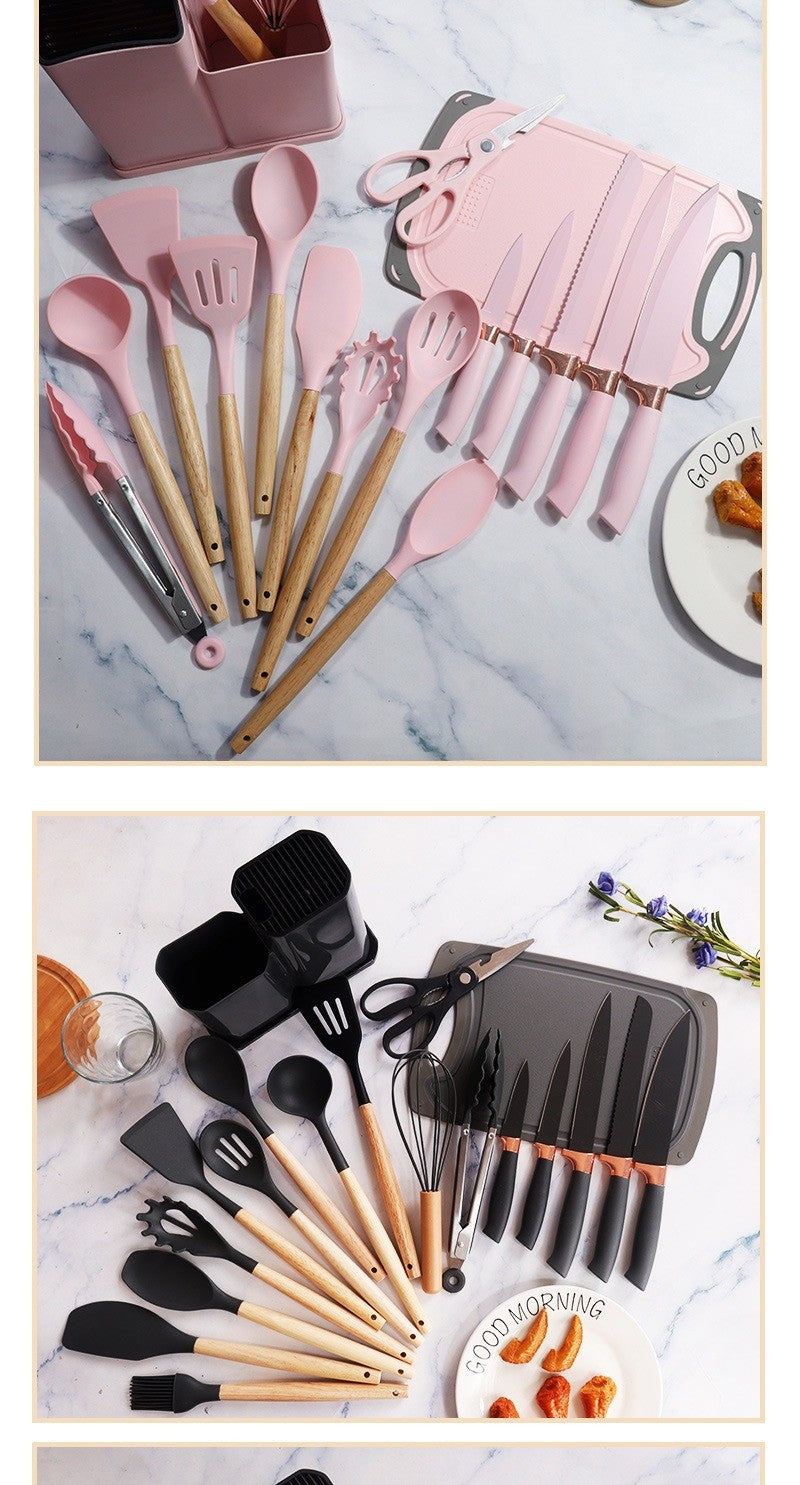 Conjunto de utensílios de cozinha de silicone, 19 peças com cabo de madeira, espátula, panela antiaderente e balde de armazenamento de facas multiuso integrado