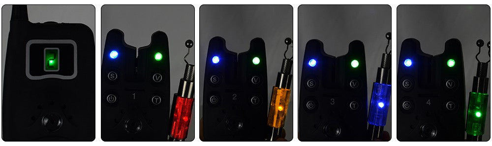 Alarme de picada de pesca sem fio conjunto 1+4 com 4 indicadores de picada luminosos em estojo EVA para pesca de carpas B1203S