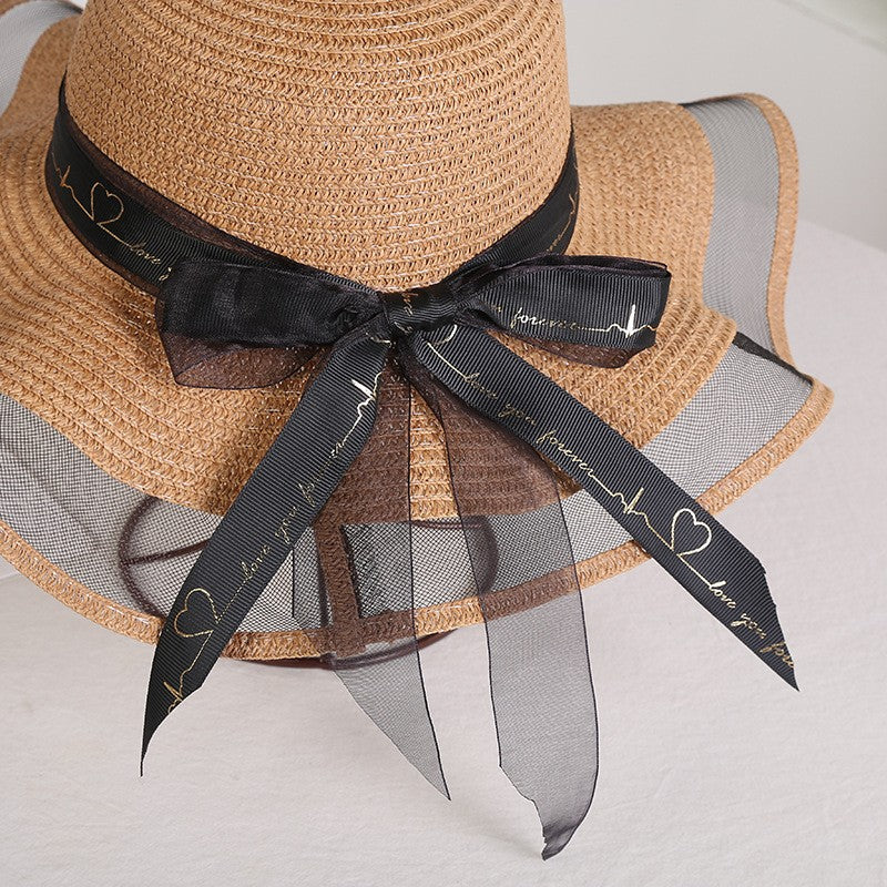 Chapéu de sol feminino dobrável de aba larga com laço, chapéu de palha elegante para proteção solar, moda praia 2021 gorras