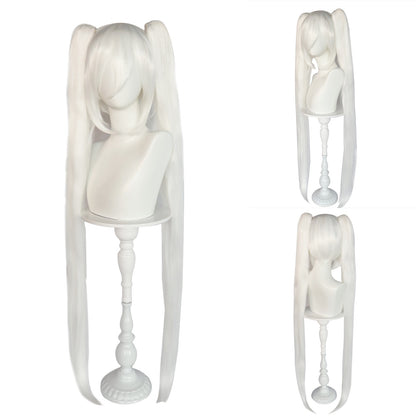 Peruca Sintética Longa Reta Branca Cosplay Rabo de Cavalo Duplo com Franja Peruca de Fibra Resistente ao Calor Adequada para Festa de Cosplay