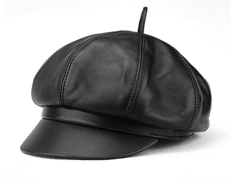 Autumn Winter Women's Genuine Sheep Leather Octagonal Beret | Leopard Print Trendy Painter Hat Celebrity Style Versatile Cap