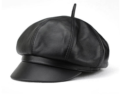 Autumn Winter Women's Genuine Sheep Leather Octagonal Beret | Leopard Print Trendy Painter Hat Celebrity Style Versatile Cap