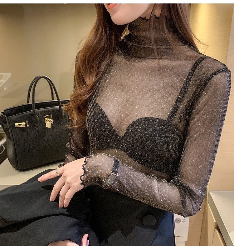 Spring Summer Women's Sexy See Through Mesh Blouse Long Sleeve Transparent Shining Elegant Shirt Fashion Women Tops 2025
